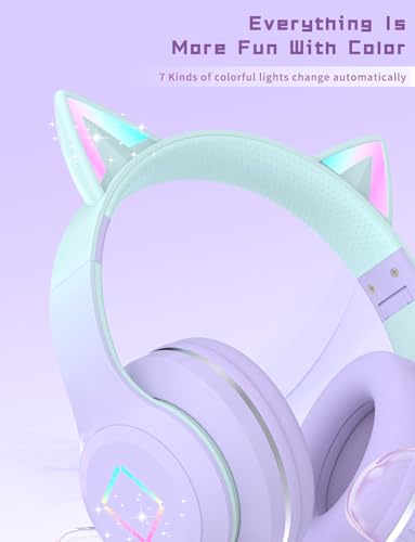 Kids Cat Ear Bluetooth Headphones with LED Light and Mic - Foldable, Adjustable for Boys and Girls (Purple)