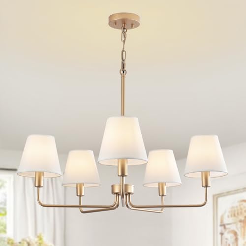 Farmhouse Chandelier, Gold Modern Dining Room Light Fixture with White