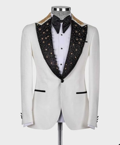 Men's Rhinestone Blazer, Handmade, Single Breasted, Slim Fit, White Formal Jacket for Wedding2