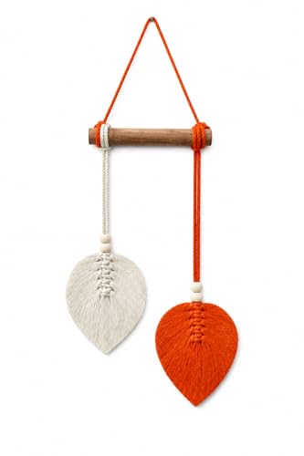 Image of AdFashionble Boho Macrame Wall Hanging Leaf Decor for Home, Living Room & Bedroom | Cotton Thread Art with Wooden Rod | Minimalist Handmade Wall Decoration | Aesthetic Nordic Wall Art for Home, Office & Gift Purpose Lenght- 58 cm Width- 15 cm (ORANGE & OFFWHITE)