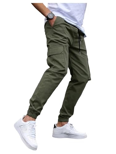 OYOANGLE Men's Drawstring High Waist Cargo Pants Flap Pocket Loose Fit Athletic Casual Jogger Trousers4