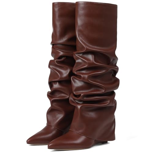 Image of Oiamenne Women's Fold Over Boots Slouch Wide Calf Knee High Boots