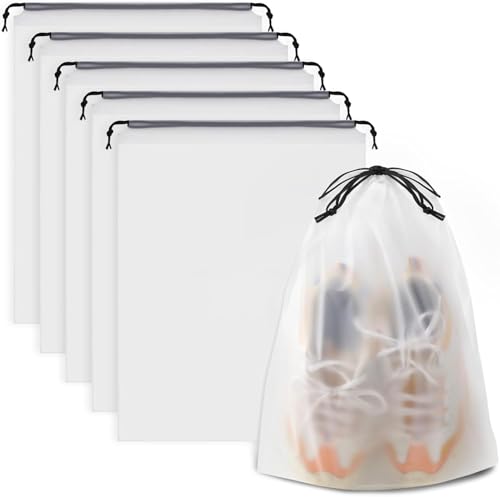 MOMENT Clear Shoe Bag for Travel 6 Pack 40x30cm Large Waterproof Shoe Organizer Storage Packing Bags Covers with Drawstring for Men and Women Travel Gym and Sports Transparent