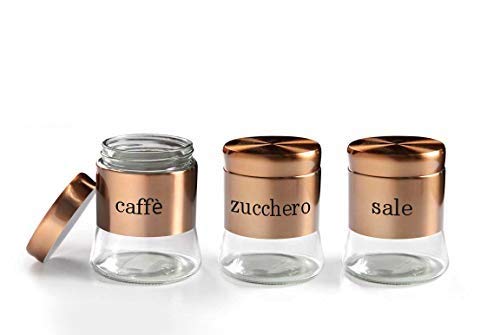 Sale-Zucchero-Caffè GICOS IMPORT EXPORT SRL Set 3 contenitori Tris barattoli barattolini Cucina in Vetro e Acciaio Colore Rame 11 * 14 cm 750 ml Sale-Zucchero-caffè OYO-772023