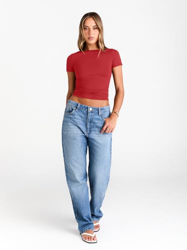 Image of Trendy Queen Womens Boat Neck Tops Short Sleeve Shirts | Compression Basic Tops,Y2K Aesthetic Slim Fit,Professional Business Casual, Polished Teacher Outfits