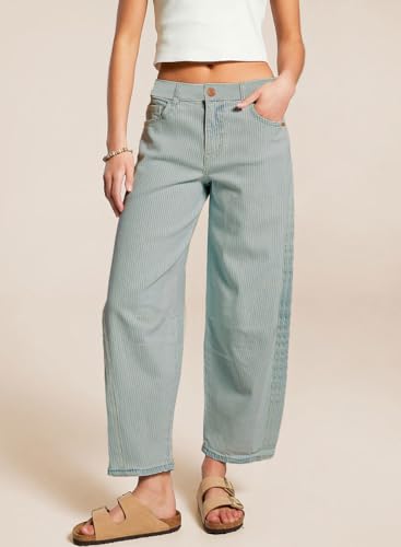 chouyatou Women's Baggy Mid Rise Barrel Jeans Boyfriend Y2K Striped Wide Leg Cropped Denim Pants3