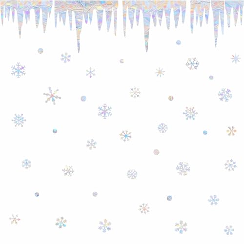 Icicle Snowflake Window Cling Christmas Snow Window Decals Winter Snow Window Clings Xmas Snowflake Anti Collision Vinyl Window Stickers to Save Birds Suncatcher Rainbow Stickers