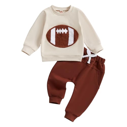 COORALLY Baby Boy Girl Football Outfit Long Sleeve Crewneck Sweatshirt Pullover Tops and Elastic Pants Set 2PC Outfits (C-Brown, 2-3T)