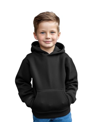 Aykiz Kids Boys Girls Plain Pullover Hoodie, Sweatshirt, Fleece Hooded Jumper, PE School Jumper, Warm Coats Long Sleeve Top New Casual Fashion For Childrens Unisex Age 3-13 Years Black