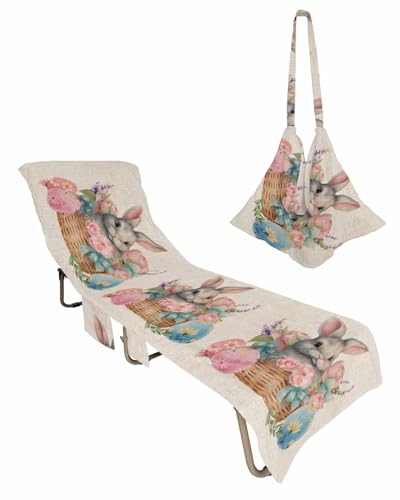Easter Beach Chair Towel Covers for Chaise Lounge with Side Pocket, Soft Plush Pool Towels Cover for Patio Sunbathing Outdoor 29''x85'' Rustic Easter Basket Eggs Rabbits Tulip Lavender