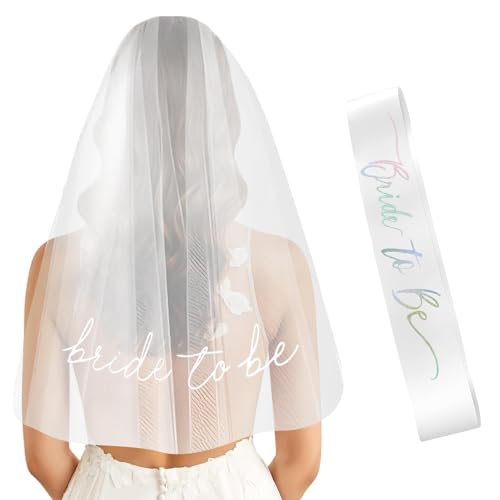Iridescent Bride to Be Sash &amp; White Embroidery Veil for Bachelorette Party