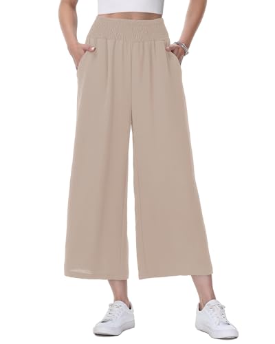 HMIYA Damen 3/4 Culotte Hose Leichte und Luftig Sommerhose Weites Bein Stoffhose,Khaki,M