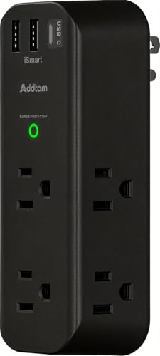 Image of Addtam Surge Protector Outlet Extender with Rotating Plug | 6 AC Outlets & 3 USB Ports, 1800J Wall Power Strip, 3-Sided Spaced Outlet Splitter for Home, Office, Travel, Black