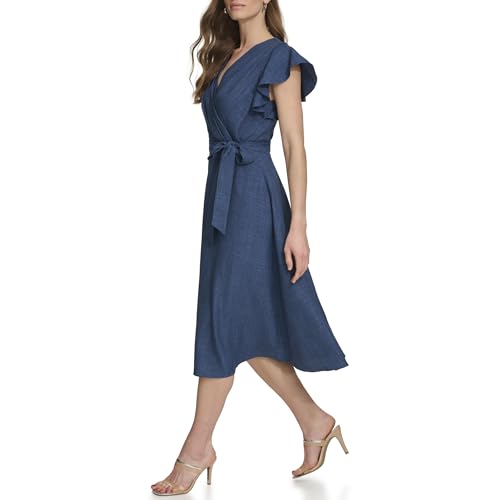 Image of DKNY Women's Flutter Sleeve Tie Fit & Flare Midi Dress