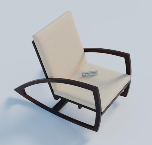 Image of Jangid Handicraft Solid Sheesham Wooden Rocking Chair for Living Room | Lounge Chair for Bedroom | Contemporary Swing Arm Chair for Balcony | Modern Arm /Sofa Chair | White Cushion & Walnut Finish