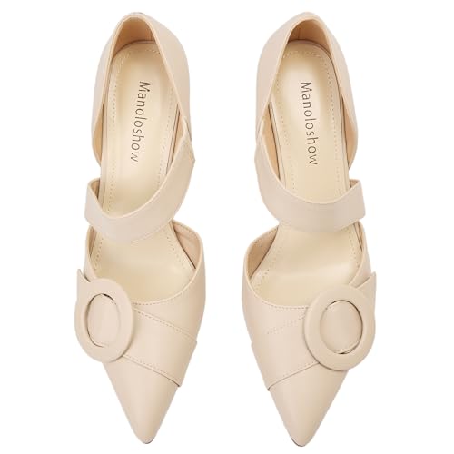 Women's Pointed Toe D'Orsay Pumps with Fashion Round Buckle, Closed Toe 3" Stiletto High Heels with Comfy S Elastic Strap for Dress Work Office Shoes 6