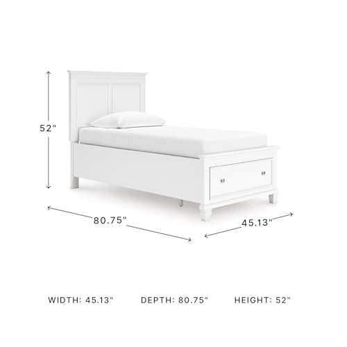 Image of Signature Design by Ashley Fortman Twin Panel Storage Bed, White | Wood and engineered wood, 1 extra deep footboard drawer, Includes roll slats, Traditional style, Youth bedroom furniture