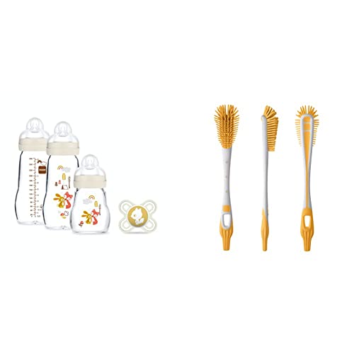 MAM Coffret Biberons Verre (3 biberons verre + 1 sucette) – Biberon MAM en verre résistant à la chaleur & Goupillon biberon & tétine, poils extra-souples...