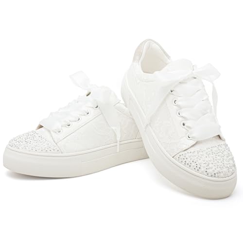 Elivandon 9994 Wedding Shoes Lace Bridal Sneakers 1.46" Platform Bride Tennis Shoes Sparkling Rhinestone Wedding Sneakers2