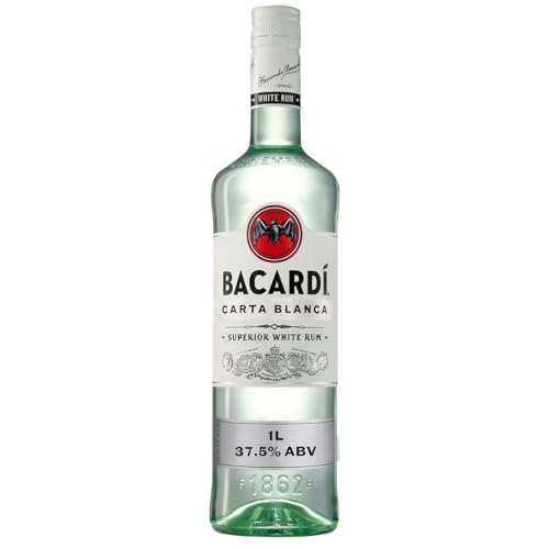 BACARDÍ Carta Blanca Ron Blanco Superior, 37,5% ALC., 100 cl / 1 L, Ron Caribeño Icónico, Perfecto para Cócteles