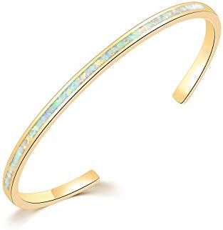 CiNily Gold Thin Open Cuff Bracelets for Women Girls Men-Small Opal Bangle Bracelets 18K Yellow Gold Plated Adjustable Hypoallergenic Gemstone Bracelet