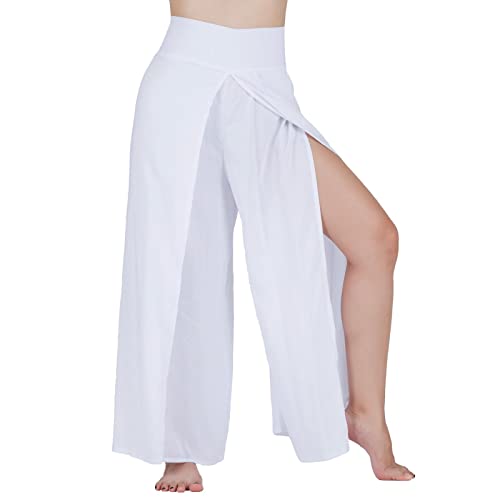 LOFBAZ Slit Leg Palazzo Yoga Pants for Women Girls Maternity Summer Beach Pajama High Waisted Boho Harem Pants Womens Clothing Solid White XL