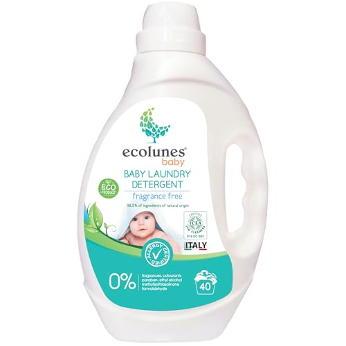 Ecolunes detergente para ropa bebé hipoalergénico, sin perfume, 98,50% ingredientes de origen natural, seguro para el medio ambiente y para la salud de tu hijo, dermatológicamente probado, 2L