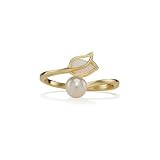 PERIMADE Opal Tulip Pearl Adjustable Ring for Women, 925 Sterling Silver 18K Gold Plated Floral Bypass Ring, Hypoallergenic Trendy Birthday Anniversary Friendship Jewelry Gift, Gold