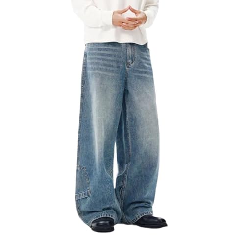 Men Solid Color Washed Straight Denim Pants High Waisted Loose Casual Trousers with Pocket