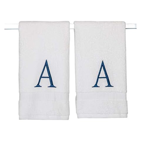 Monogrammed Hand Towels for Bathroom - Luxury Hotel Quality Personalized Initial Decorative Embroidered Bath Towel for Powder Room, Spa - GOTS Organic Certified - Set of 2 Navy Letter A Cover