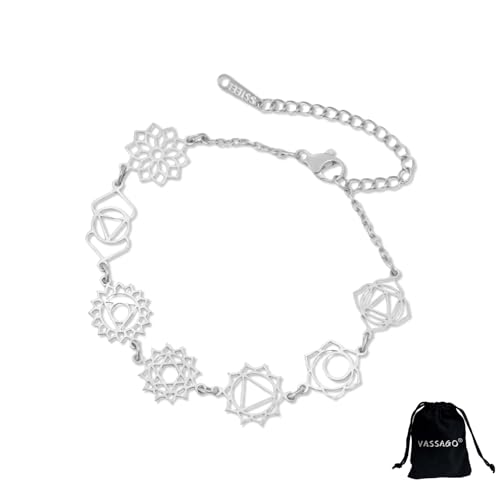 VASSAGO Pulsera de chakras para mujer de acero inoxidable con 7 colgantes de...