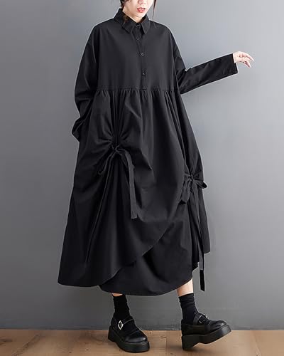 Image of Women's Shirt Dress Lapel Button Down Long Sleeve Flowy Hem Solid Color Patchwork Loose Oversize GZ278