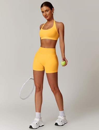 Image of ABOCIW Workout Sets for Women 2 Piece seamless Halter Sports Bra Scrunch Butt Impact Shorts Gym Yoga Outfits