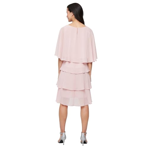 Image of S.L. Fashions Women's Tiered Chiffon Cocktail Party Dress with Attached Cape & Beaded Shoulders (Petite and Regular Sizes)