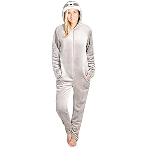 CityComfort Jumpsuit Damen Kuschelig Fleece Onesie Damen Flauschig Einteiler Schlafanzug Tier S-XL (M, Faultier Beige) Cover