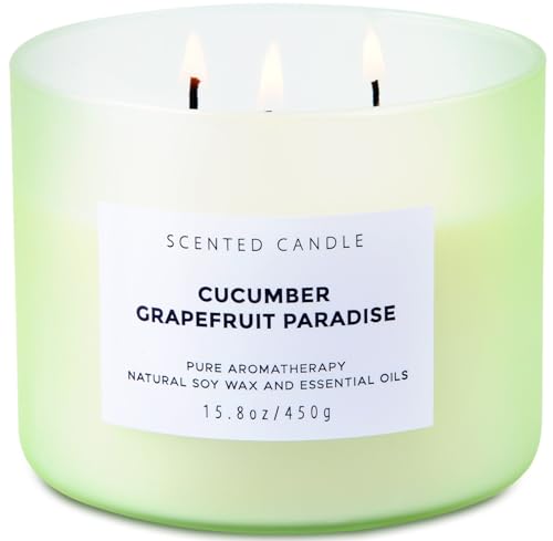 Cucumber Grapefruit Paradise 3 Wick Candle for Home Scented - 15.8 Oz Refreshing Summer Scented Candles - Large Aromatherapy Candles for Men & Women, Highly Scented Natural Soy Candles Clean Burn