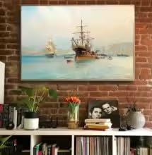 BMGKYAGL Ocean Vintage plakat spokojne morze łódź morski krajobraz klasyczny wschód słońca sztuka morska płótno druk ścienny obraz do dekoracji wnętrz (30 x 45 cm / wewnętrzna rama)