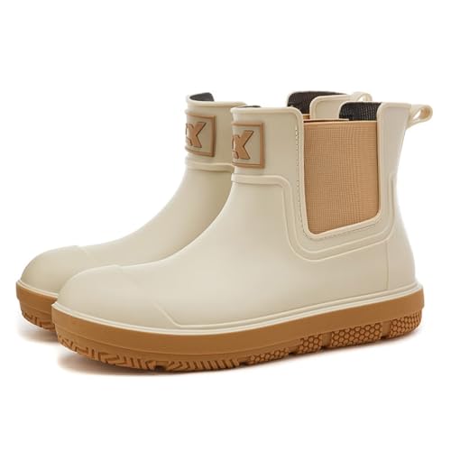LIOERDIWE Ankle Rain Boots Men Women Waterproof Deck Boots Anti-Slip Rubber Chelsea Garden Work Shoes Short Mud Booties Fishing Farming Camping(Beige,8 Women/6.5 Men)