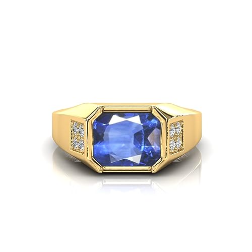 RRVGEM Anillo de zafiro azul natural certificado original 5.50 Ratti hecho a mano con hermosa piedra Neelam anillo chapado en oro para hombres y mujeres, Metal, Zafiro