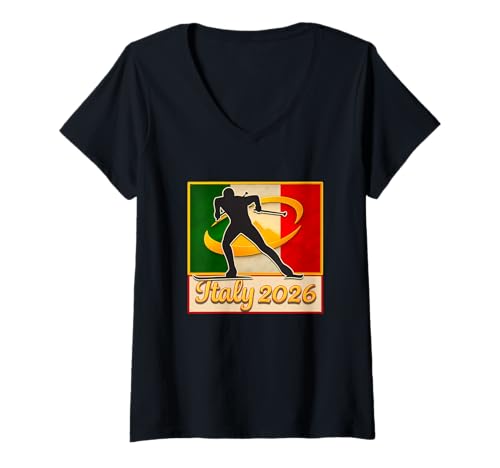 Winter Sports 2026 Italia dispone di una silhouette di un atleta di sci di fondo in posa dinamica, situato su una bandiera italiana in stile vintage con l'ombra dello sfondo dei Dolomiti con anello giallo. Tshirt grafico sport invernale dinamico 2026.