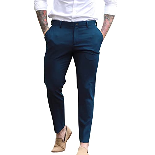 Pantalones de vestir para hombre, pantalones chinos ajustados de pierna cónica, pantalones formales de sarga de algodón, pantalones elásticos casuales inteligentes con bolsillos, azul marino, L
