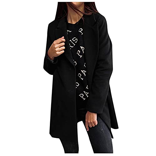 GANTIAN Womens Autumn Winter Artificial Wool Elegant Blend Coats Slim Long Solid Color Outerwear Temperament Trench Coats Black