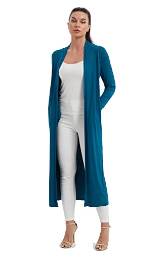 Image of Women's Floor Length Drape Sweater Cardigan -Lightweight Long Sleeve Open Front Maxi Duster with Pockets
