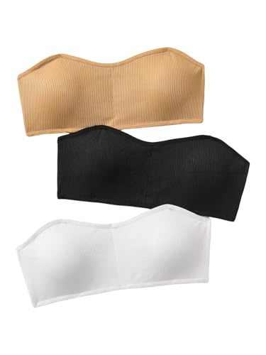 OYOANGLE Girl's 3 Pack Ribbed Strapless Bandeau Bras Comfy Non Slip Padded Tube Top Training Bras