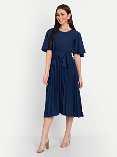 Image of KUDUZO Women's Crepe Long Pleated Below Knee Length Flutter Sleeve Round Neck S to XL Maxi Dress for Girls. (EG-U0IM-B9A1)
