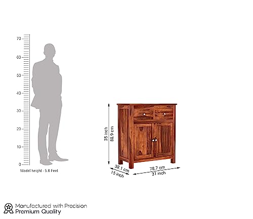 Image of Solid Sheesham Wood Wooden Sideboard Storage Cabinet : Ideal for Living Room and Bedroom with 2 Drawers and 2-Shelf Storage (Clovis, Honey Finish)