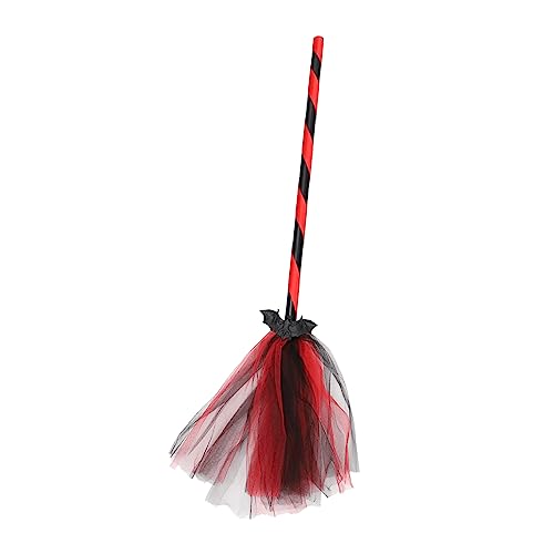 KOMBIUDA 1pc Bat Mesh Broom Halloween Costumes Halloween Witch Broomstick Decoration Halloween Witch Decorations Decor Halloween Broom Handmade Mane Broomstick Broom Plastic Red