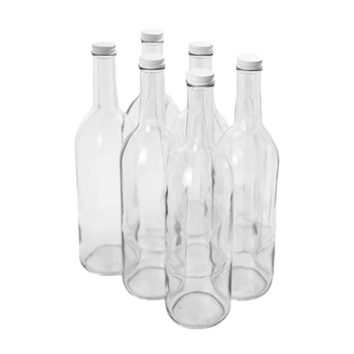 FastRack 750 ml Clear Bordeaux Wine Bottles (Pack of 6) with 6 Whiite METAL Caps | W5 Flint Flat-Bottomed Glass Bottles Ideal for Wine Making and Storage