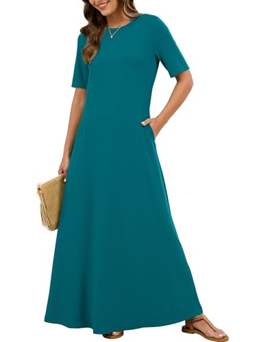 KORSIS Dresses for Women Short Sleeve Casual Summer Lake Blue M Long T-Shirt Maxi Dress Loose Beach Vacation Sundress with Pockets