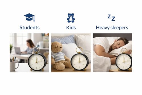 Image of Classic Black Twin Bell Table Alarm Clock with Night LED Light Heavy Slippers Loud Alarm Clock Ideal for Student and Kids Bedroom Table Top AlarmClock (1-pcs)